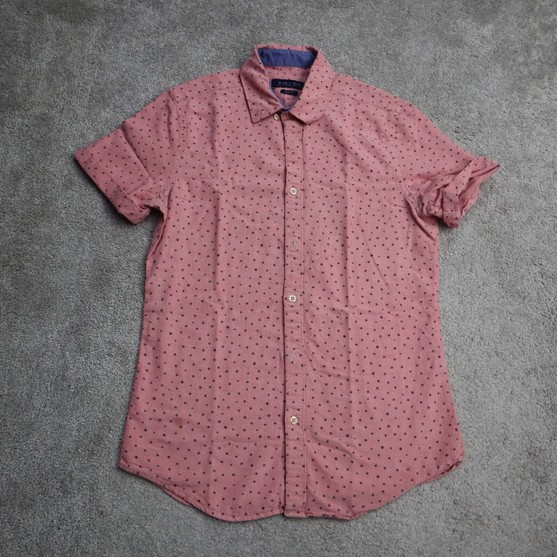 Zara Womens Button Up Shirt Short Sleeves Star Print Slim Fit Pink Size Small