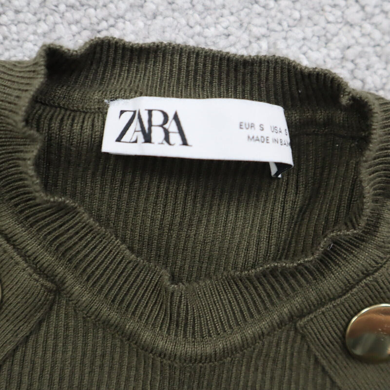 ZARA Womens Knitted Pullover Sweater Crew Neck Long Sleeves Button Green Size S