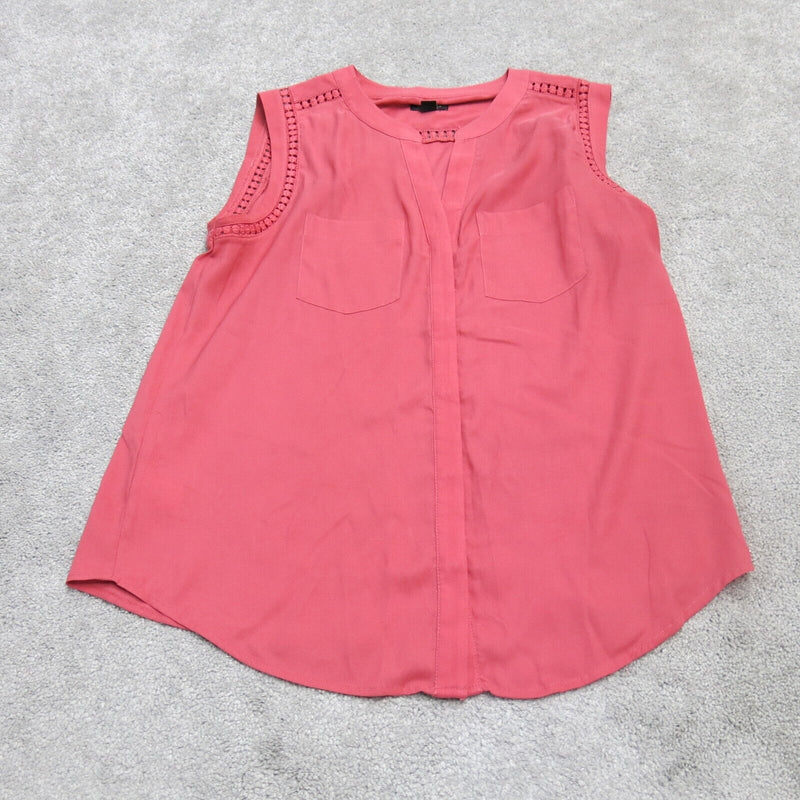 Ann Taylor Women Tank Blouse Split Neck Sleeveless Front Pockets Red Pink Small