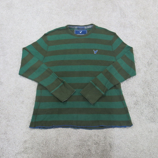 Vintage American Eagle Sweater Mens XL Green Brown Tweed Crew Neck Striped Logo