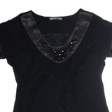 FIORELLA RUBINO Beaded Top Black V-Neck Short Sleeve Womens L