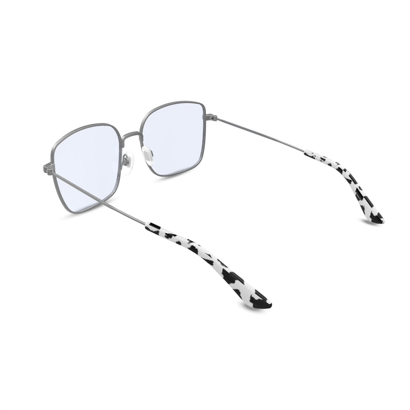 The Atrium Blue Light Glasses in Matte Silver with Cow Print Tips