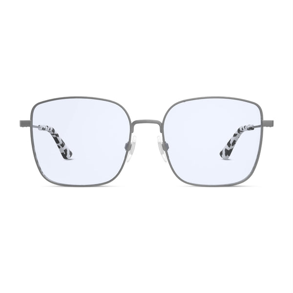 The Atrium Blue Light Glasses in Matte Silver with Cow Print Tips