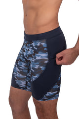 blue camo men's shorts with secure zip pocket