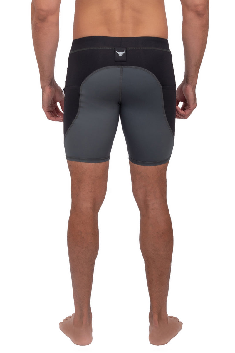 backside of athletic gray and black shorts for guys