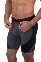 adjustable gray and black men's leggings shorts with drawstring
