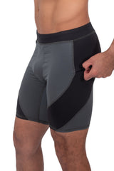 side view of gray and black male legging shorts with secure zip pocket
