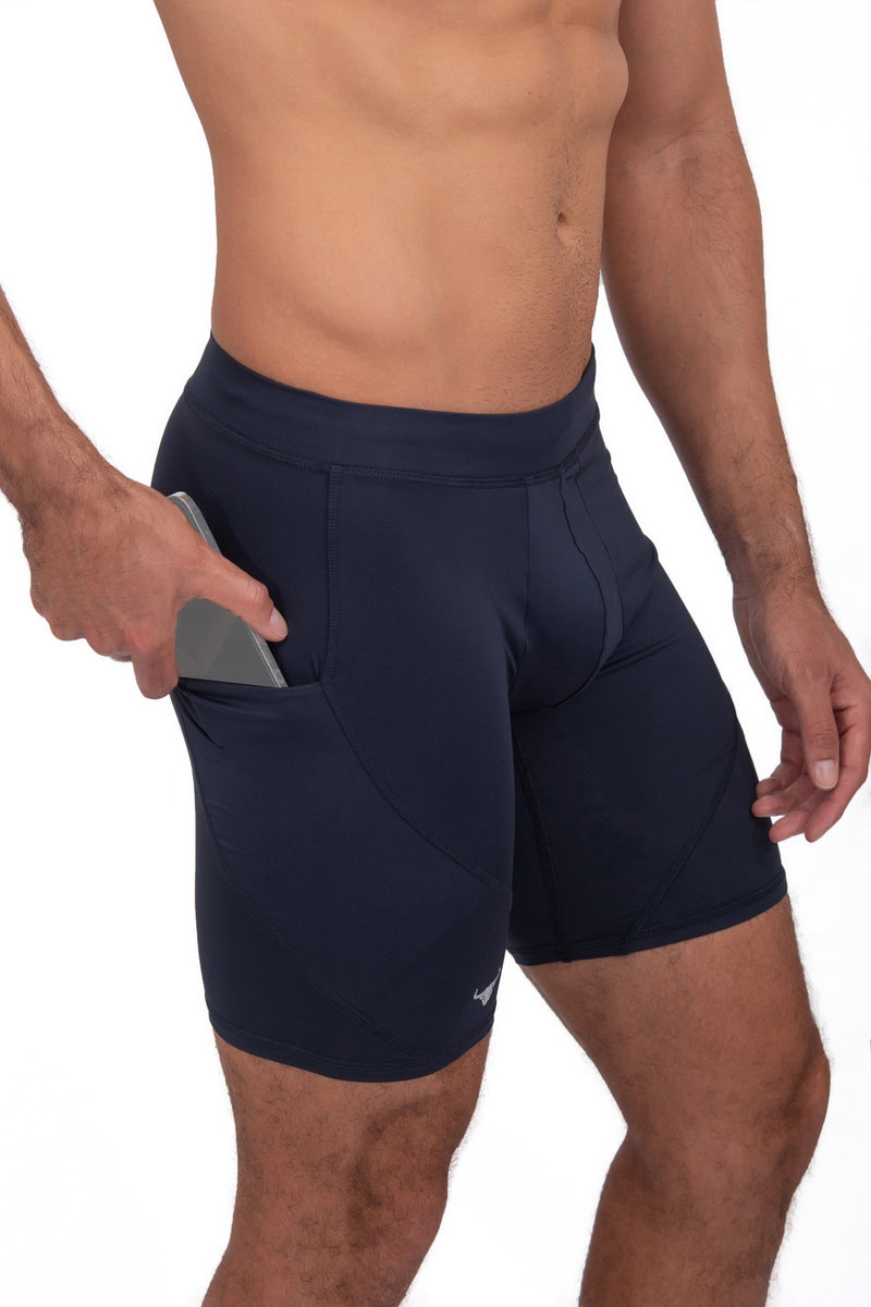 side view of solid color navy compression shorts for men with phone pocket