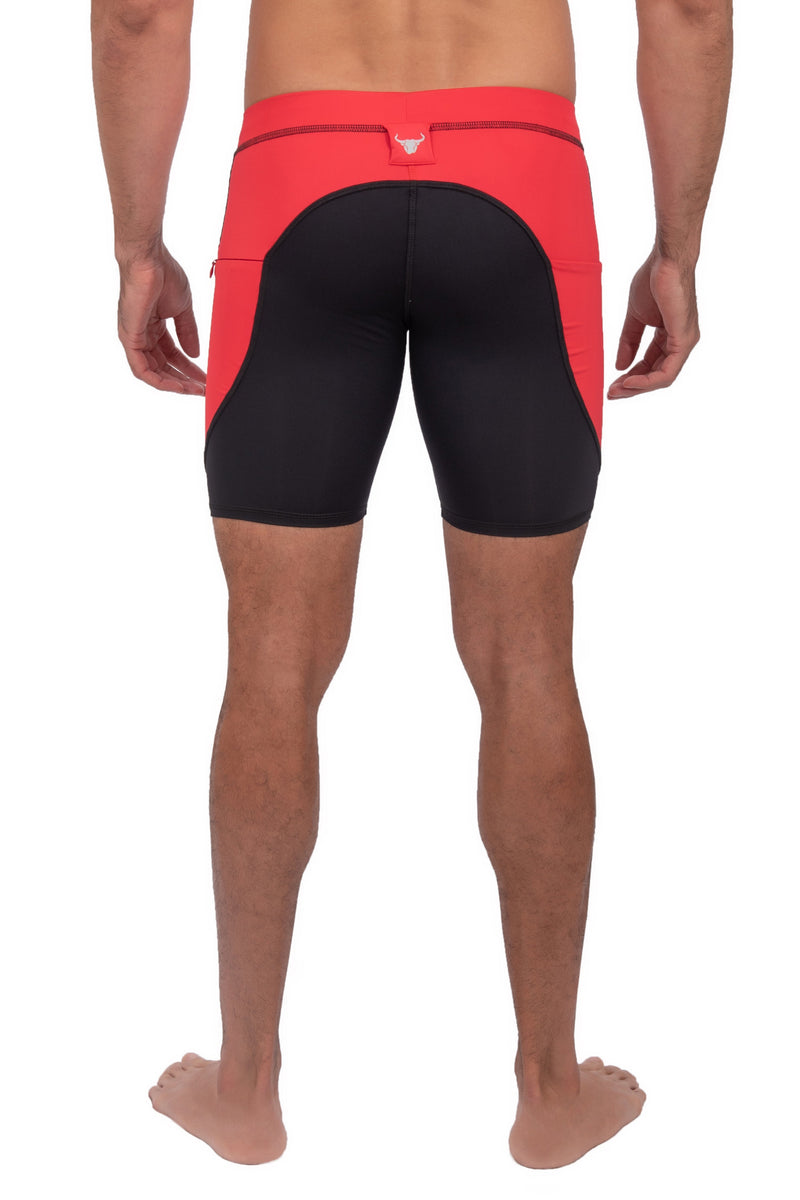backside of athletic black and red compression shorts for men
