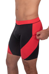 side view of black and red legging shorts with secure zip pocket