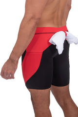 back of black and red compression shorts for men with towel loop