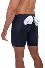 back of solid navy short leggings for men with towel loop