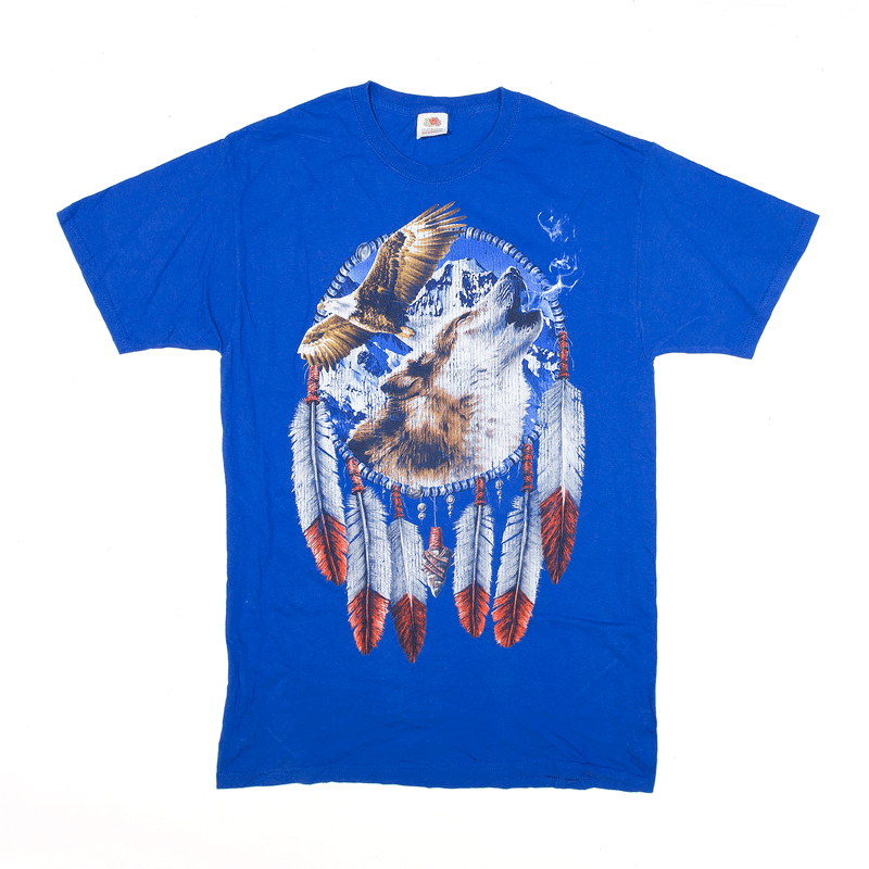 FRUIT OF THE LOOM Native American Eagle Dog T-Shirt Blue USA Short Sleeve Mens M