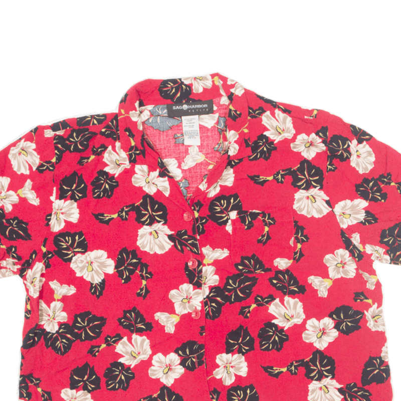 SAG HARBOUR Petite Button-Up Red 90s Collared Floral Short Sleeve Womens L