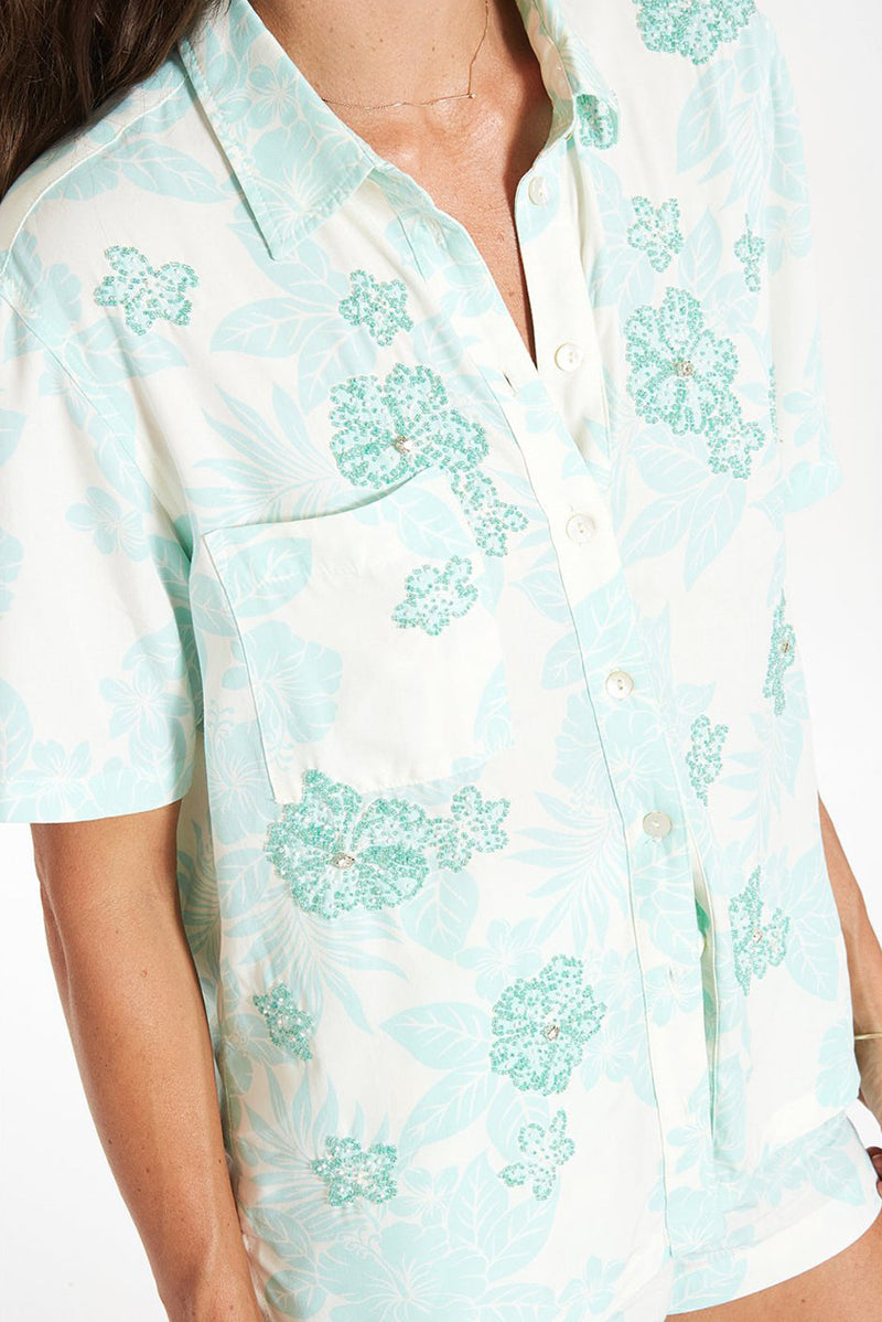 Hand-beaded Kaia shirt in Hawaiian Print for women by Paneros Clothing. Closeup.