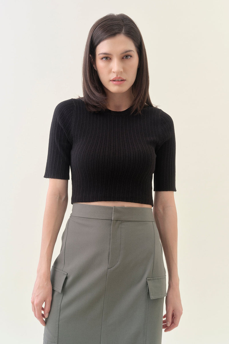 Crop Ribbed Tee - Black