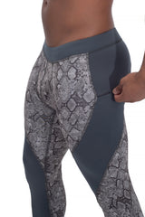 gray snake skin full-length men's compression tights with zip-up pocket