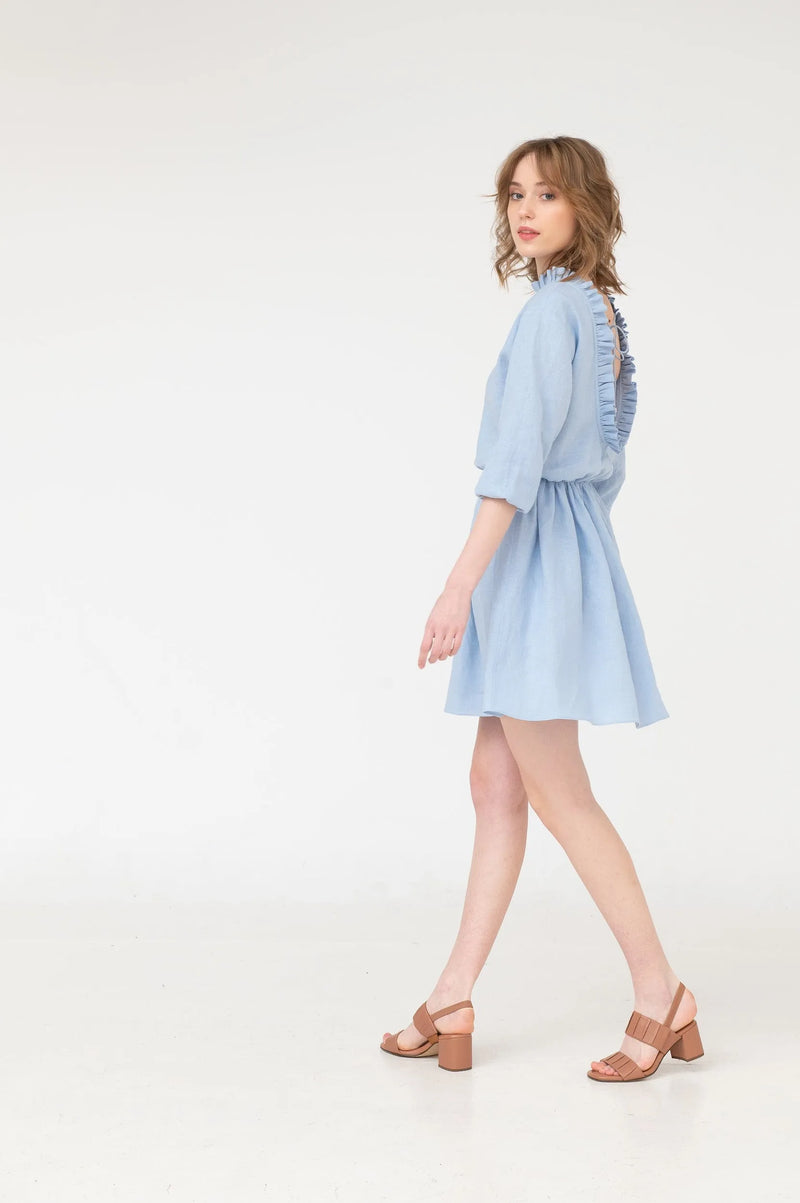 Daisy – ruffled open back linen mini dress