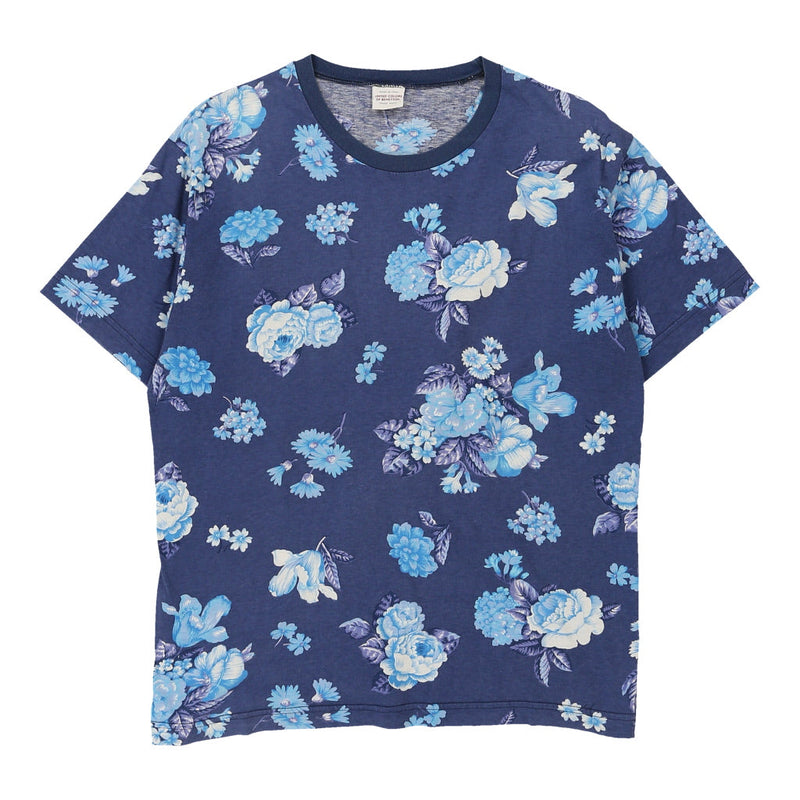 Benetton Floral T-Shirt - Small Blue Cotton