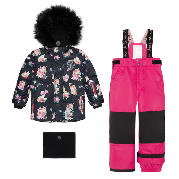 Two Piece Snowsuit Coral With Printed Unicorn Print
