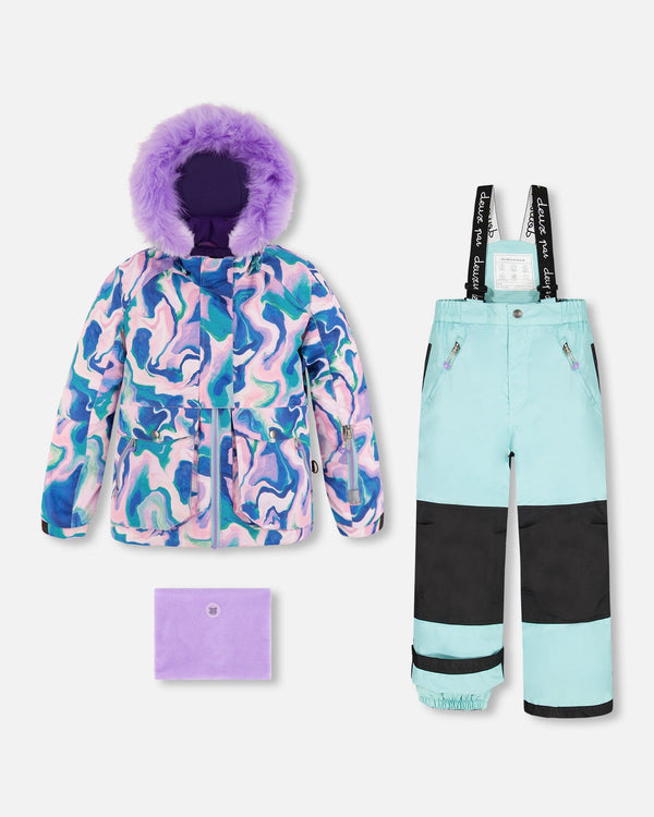 Two Piece Snowsuit In Aqua With Marbled Print Snowsuits Deux par Deux