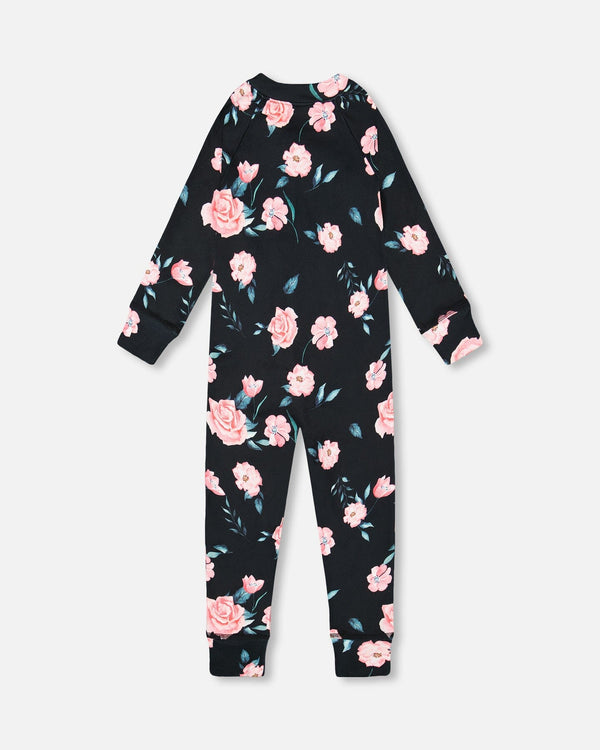 One Piece Black Thermal Underwear Set With Rose Print