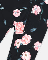 One Piece Black Thermal Underwear Set With Rose Print