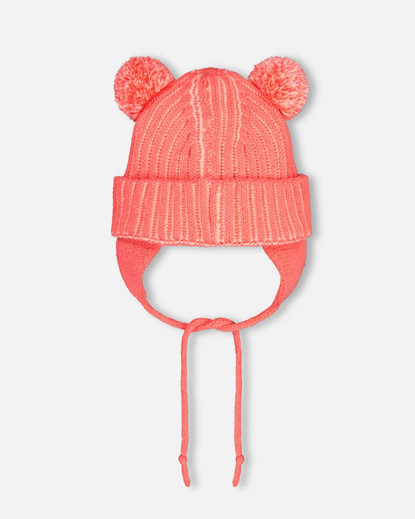 Two Pompoms Knit Hat With Earflap In Coral Winter Accessories Deux par Deux