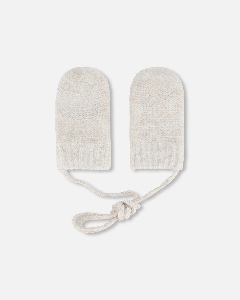 Newborn Knitted Mittens Champagne White With Cord And No Thumbs