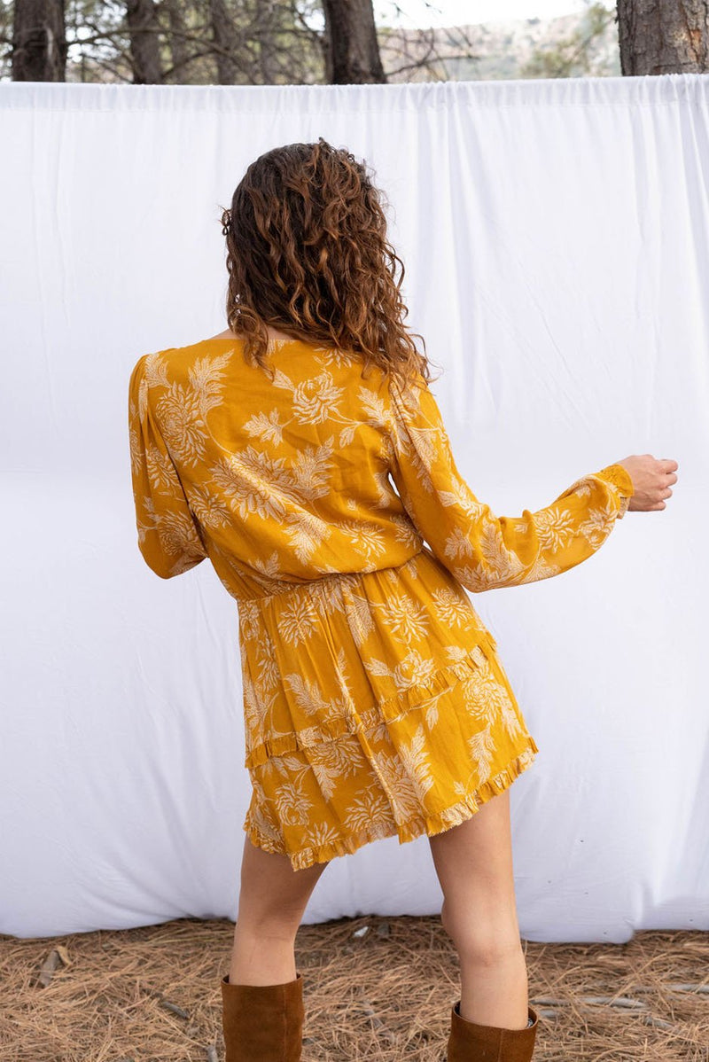 Florance mini dress in Golden Toile print for women by Paneros Clothing. Elastic waist with a flowy fit, and lace-up front from deadstock rayon fabric.  Back View.
