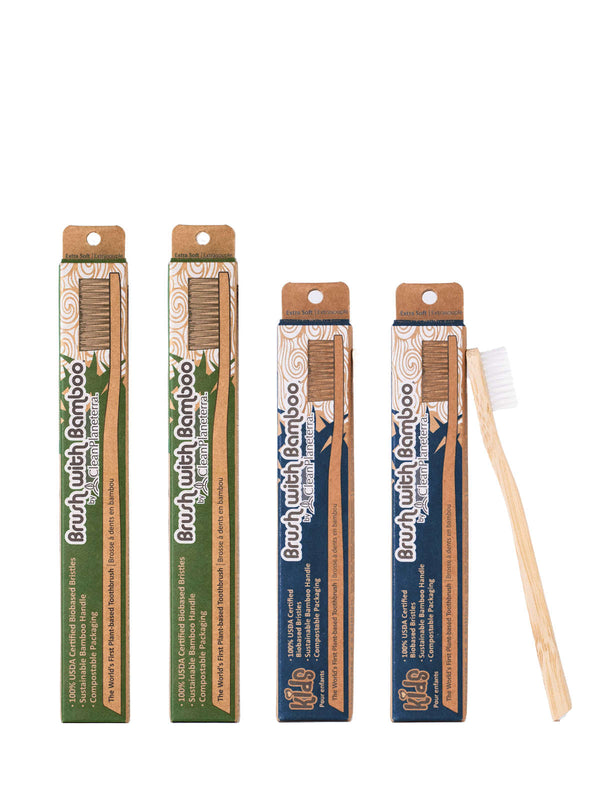 Bamboo Toothbrush - Extra Soft - Adult/Kid Mixed Family 4-pack