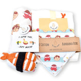 the wee bean organic and sustainable baby gift set blankets and bibs in takoyaki taste of Japan