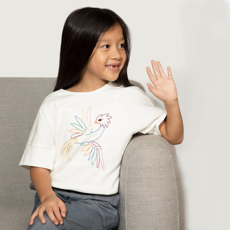Firebird Kids girls graphic tees. Embroidered firebird, on 100% Peruvian organic cotton tee. Hip and Stylish. Cut, sewn and embroidered in NYC.
