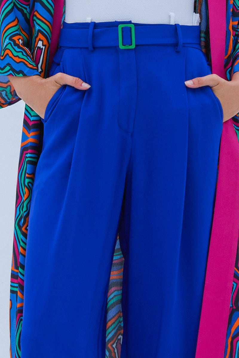 Pleated High-Waisted Wide Leg Trouser in Blue
