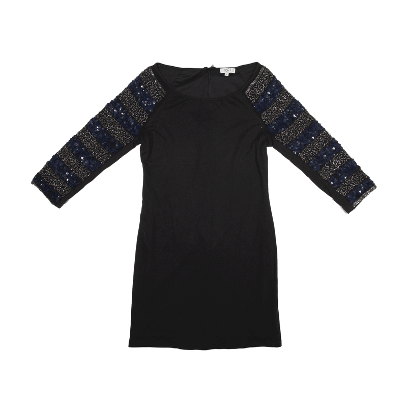 1971 Sequin Mini Dress Black Long Sleeve Short Womens UK 8