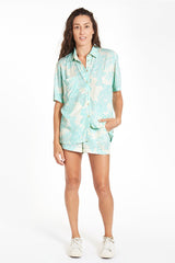 Kaia shirt in Hawaiian Print for women by Paneros Clothing. Front view.