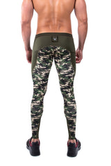 back side of green camo men's compression leggings