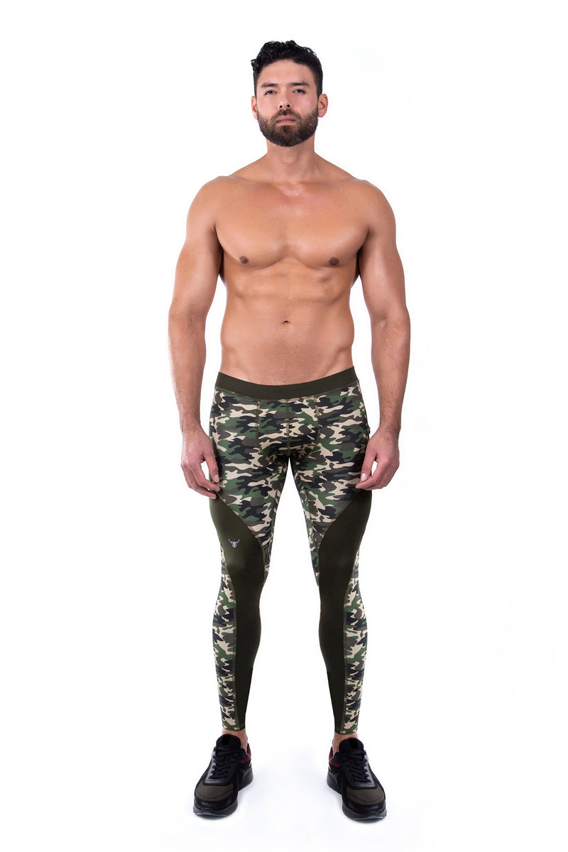 male model wearing green camo men's tights