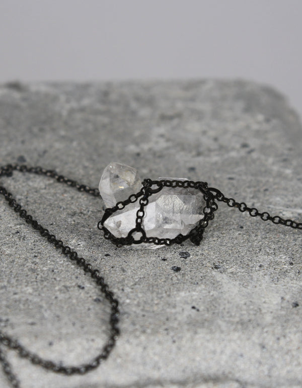 Caged Quartz Necklace in Oxidized Silver
