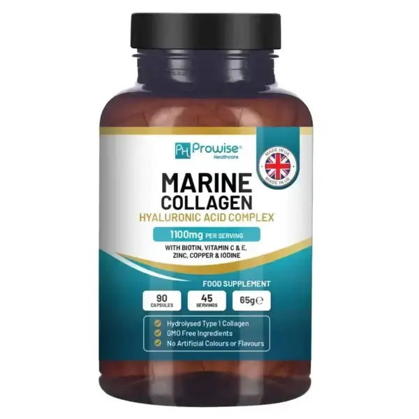 Marine Collagen with Hyaluronic Acid 1100mg - 90 Capsules Boosted with Hyaluronic Acid, Vitamins C, E, B2, Biotin, Copper, Zinc and Iodine | for Women and Men | Made in UK