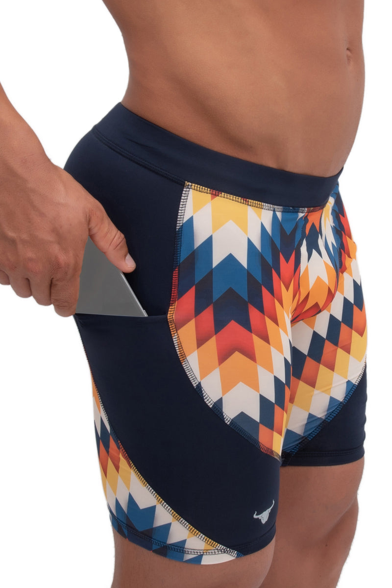side view of men's arrow printed design spandex shorts