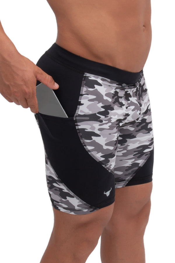 side view of gray camo men's compression shorts with pockets