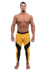 male model wearing yellow and black men's sport leggings