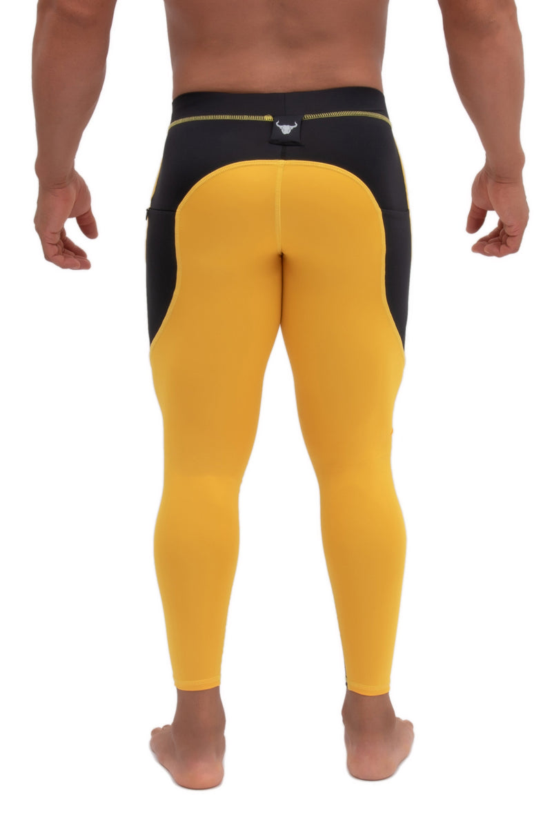 back side of two color yellow and black leggings for men
