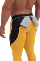 back side of men's yellow and black dual color tights with t-shirt loop