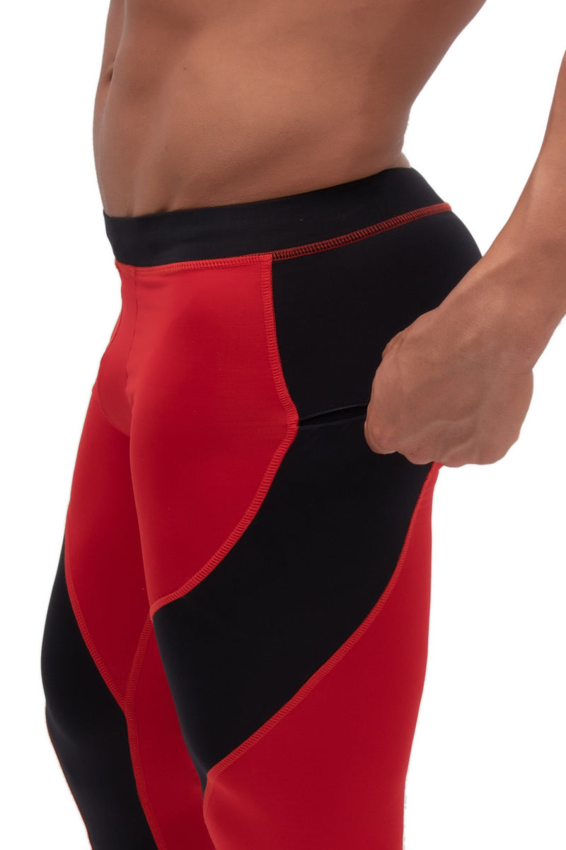 men's athletic red and black leggings with secure zip pockets for phones