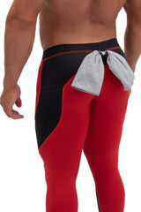 backside of red and black solid color men's compression pants with t-shirt loop