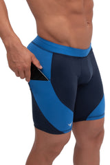 blue and navy men's spandex pants with pockets