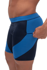 solid navy blue men's short leggings with secure zip pocket