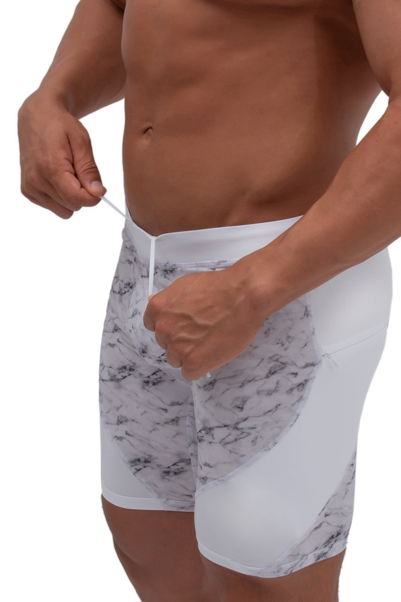 adjustable drawstring white marble spandex shorts for men